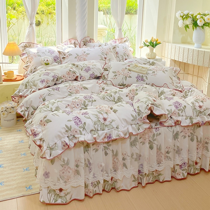 91家纺网 家纺一手货源 找家纺 雨彤家纺 2025新款高克重韩式公主风亲肤斜纹床裙四件套 望夏花艺-公主风