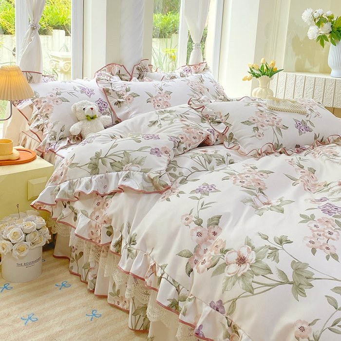 91家纺网 家纺一手货源 找家纺 雨彤家纺 2025新款高克重韩式公主风亲肤斜纹床裙四件套 望夏花艺-公主风