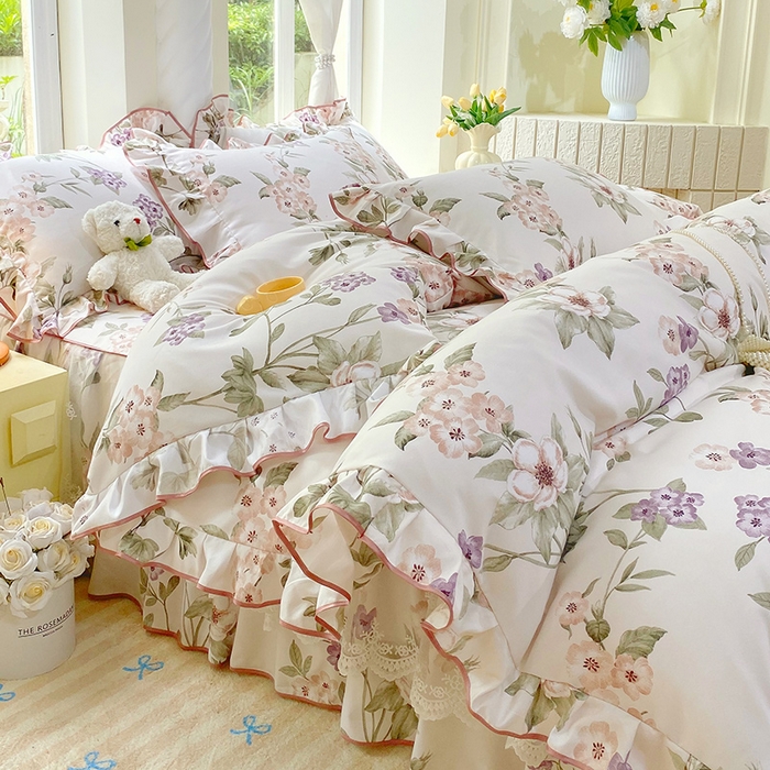 91家纺网 家纺一手货源 找家纺 雨彤家纺 2025新款高克重韩式公主风亲肤斜纹床裙四件套 望夏花艺-公主风