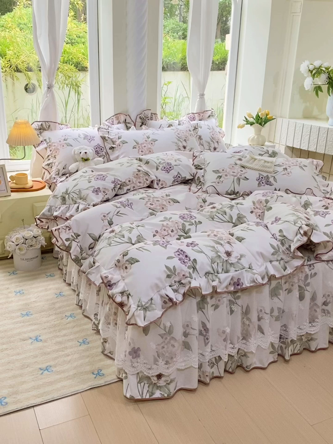 91家纺网 家纺一手货源 找家纺 雨彤家纺 2025新款高克重韩式公主风亲肤斜纹床裙四件套 望夏花艺-公主风