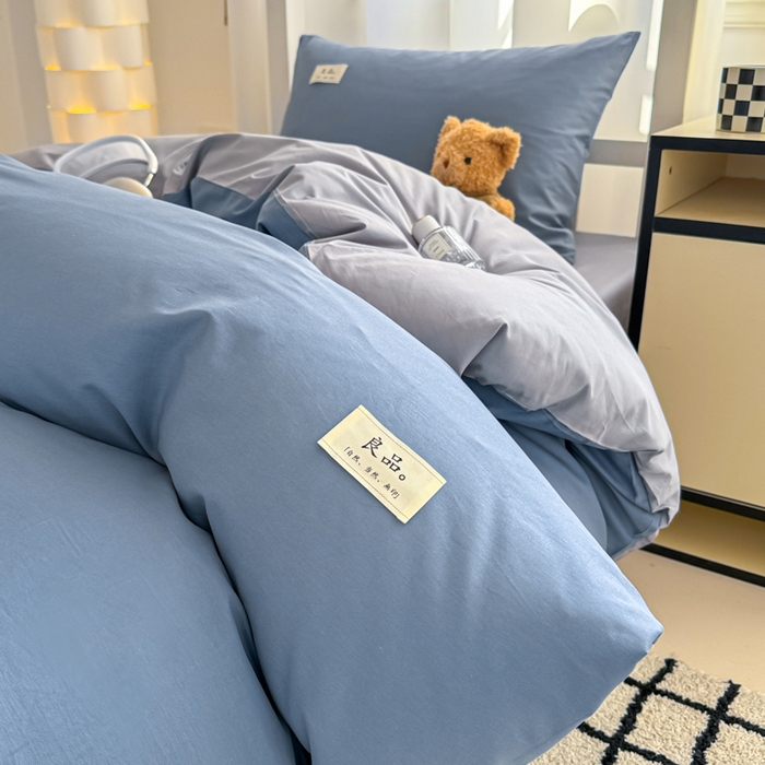 91家纺网 家纺一手货源 找家纺 眠博士 2025新款全棉纯棉40支双拼纯色四件套-学生款 全棉拼色-宝蓝+银灰