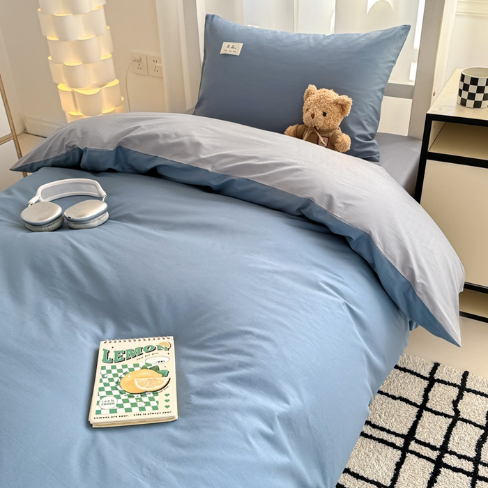 91家纺网 家纺一手货源 找家纺 眠博士 2025新款全棉纯棉40支双拼纯色四件套-学生款 全棉拼色-宝蓝+银灰