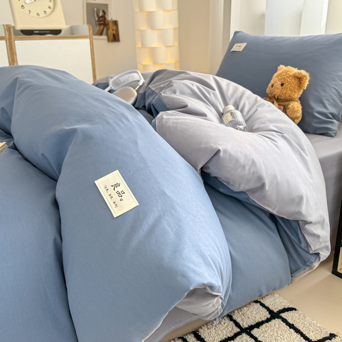91家纺网 家纺一手货源 找家纺 眠博士 2025新款全棉纯棉40支双拼纯色四件套-学生款 全棉拼色-宝蓝+银灰