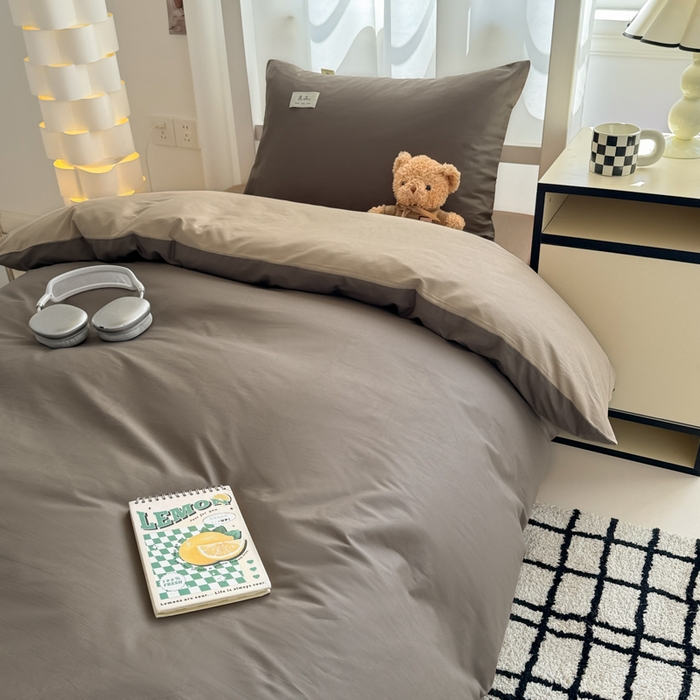 91家纺网 家纺一手货源 找家纺 眠博士 2025新款全棉纯棉40支双拼纯色四件套-学生款 全棉拼色-春泥+卡其