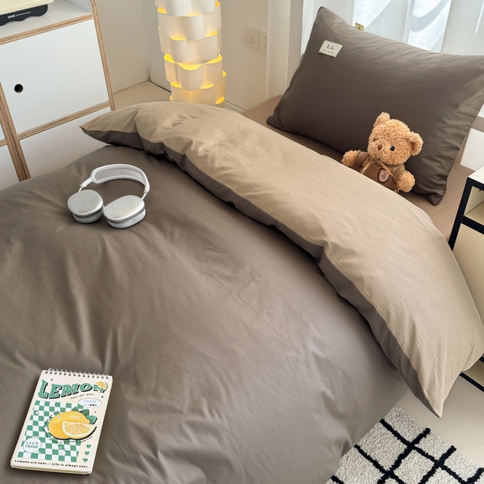 91家纺网 家纺一手货源 找家纺 眠博士 2025新款全棉纯棉40支双拼纯色四件套-学生款 全棉拼色-春泥+卡其