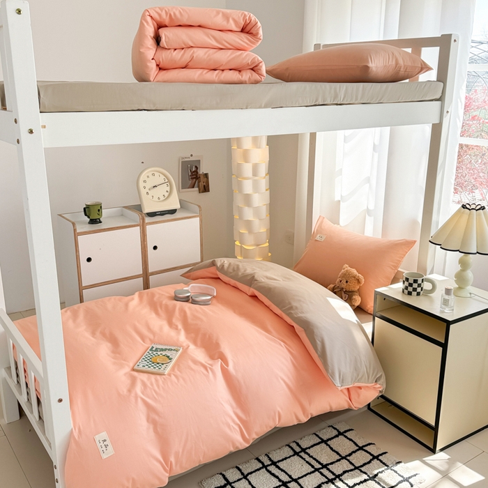 91家纺网 家纺一手货源 找家纺 眠博士 2025新款全棉纯棉40支双拼纯色四件套-学生款 全棉拼色-橘色+杏色