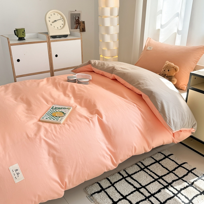 91家纺网 家纺一手货源 找家纺 眠博士 2025新款全棉纯棉40支双拼纯色四件套-学生款 全棉拼色-橘色+杏色