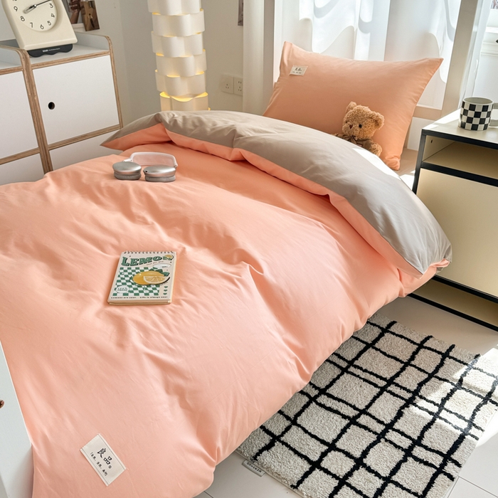 91家纺网 家纺一手货源 找家纺 眠博士 2025新款全棉纯棉40支双拼纯色四件套-学生款 全棉拼色-橘色+杏色