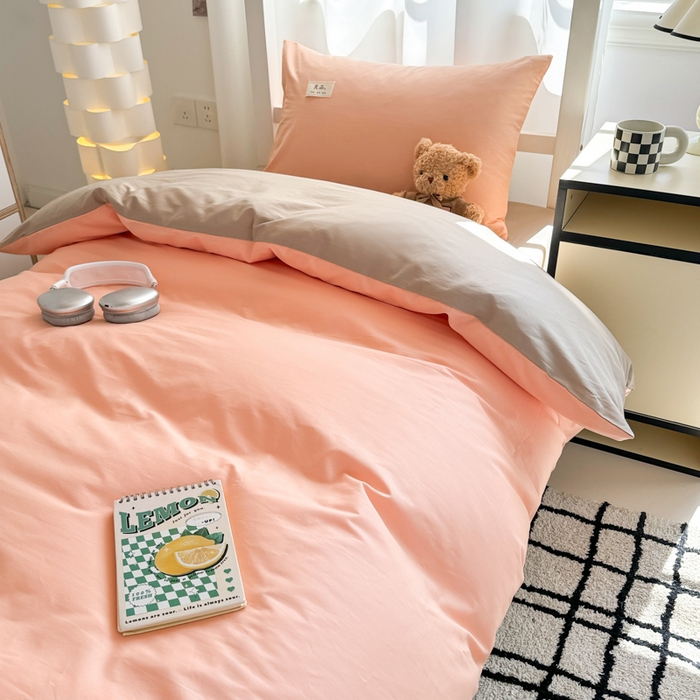 91家纺网 家纺一手货源 找家纺 眠博士 2025新款全棉纯棉40支双拼纯色四件套-学生款 全棉拼色-橘色+杏色