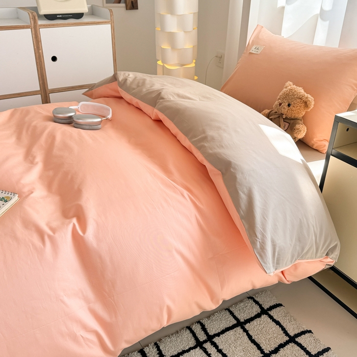 91家纺网 家纺一手货源 找家纺 眠博士 2025新款全棉纯棉40支双拼纯色四件套-学生款 全棉拼色-橘色+杏色