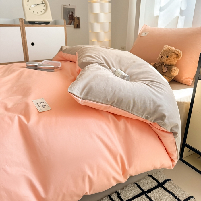 91家纺网 家纺一手货源 找家纺 眠博士 2025新款全棉纯棉40支双拼纯色四件套-学生款 全棉拼色-橘色+杏色