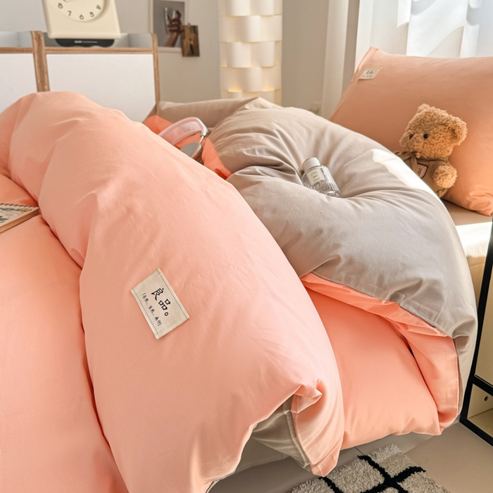 91家纺网 家纺一手货源 找家纺 眠博士 2025新款全棉纯棉40支双拼纯色四件套-学生款 全棉拼色-橘色+杏色