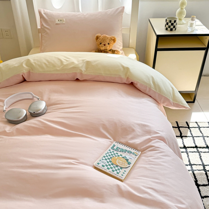 91家纺网 家纺一手货源 找家纺 眠博士 2025新款全棉纯棉40支双拼纯色四件套-学生款 全棉拼色-浅粉+浅黄