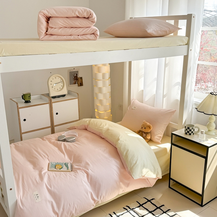 91家纺网 家纺一手货源 找家纺 眠博士 2025新款全棉纯棉40支双拼纯色四件套-学生款 全棉拼色-浅粉+浅黄