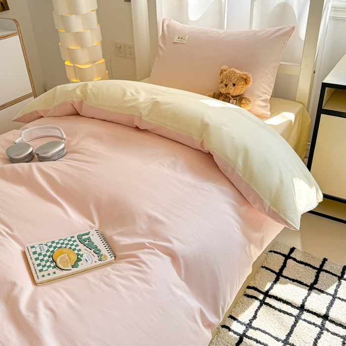 91家纺网 家纺一手货源 找家纺 眠博士 2025新款全棉纯棉40支双拼纯色四件套-学生款 全棉拼色-浅粉+浅黄