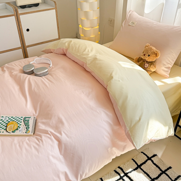 91家纺网 家纺一手货源 找家纺 眠博士 2025新款全棉纯棉40支双拼纯色四件套-学生款 全棉拼色-浅粉+浅黄