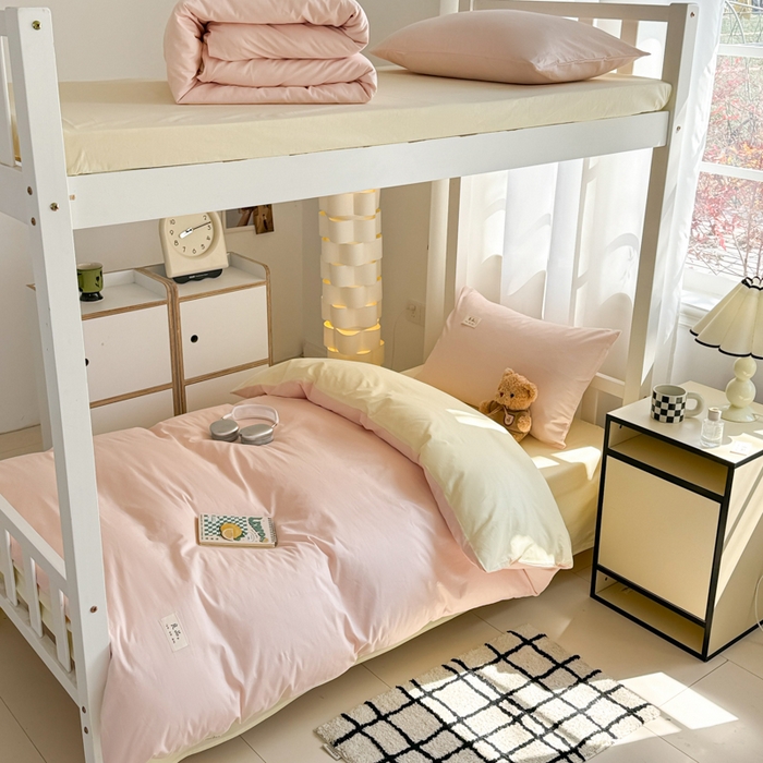 91家纺网 家纺一手货源 找家纺 眠博士 2025新款全棉纯棉40支双拼纯色四件套-学生款 全棉拼色-浅粉+浅黄