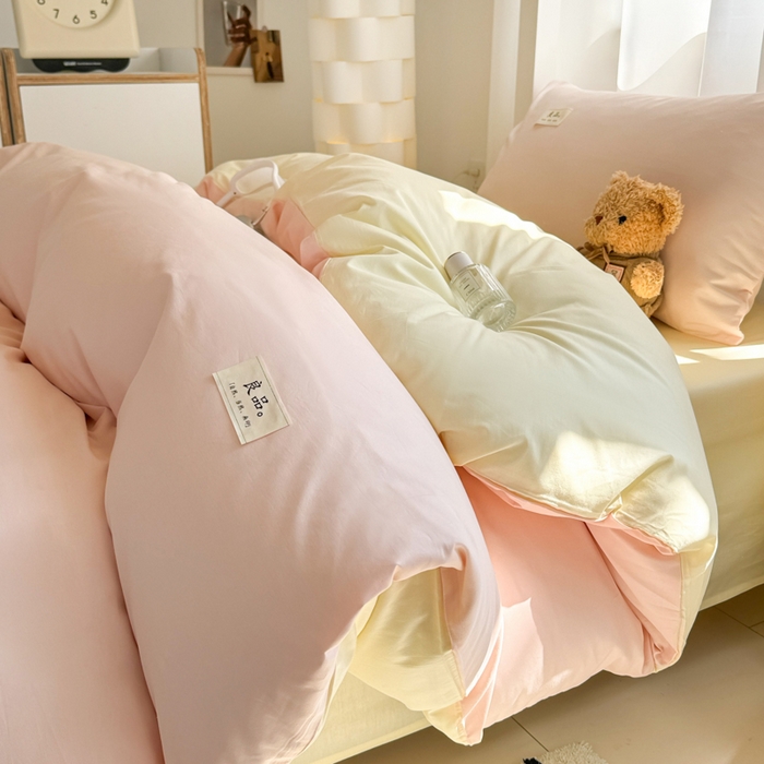 91家纺网 家纺一手货源 找家纺 眠博士 2025新款全棉纯棉40支双拼纯色四件套-学生款 全棉拼色-浅粉+浅黄