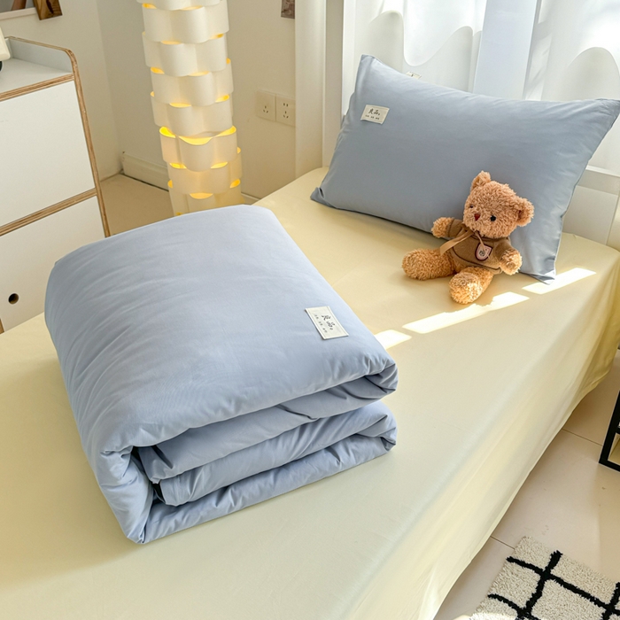 91家纺网 家纺一手货源 找家纺 眠博士 2025新款全棉纯棉40支双拼纯色四件套-学生款 全棉拼色-浅蓝+浅黄