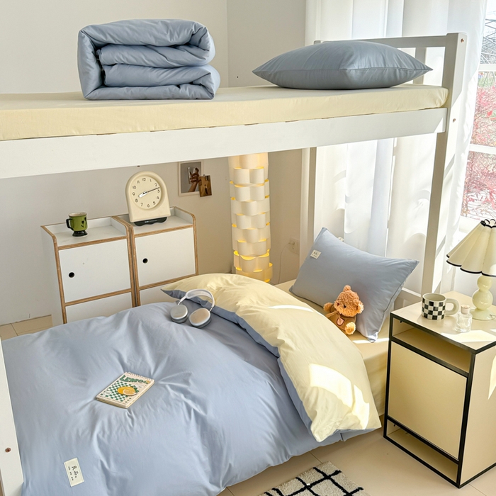 91家纺网 家纺一手货源 找家纺 眠博士 2025新款全棉纯棉40支双拼纯色四件套-学生款 全棉拼色-浅蓝+浅黄