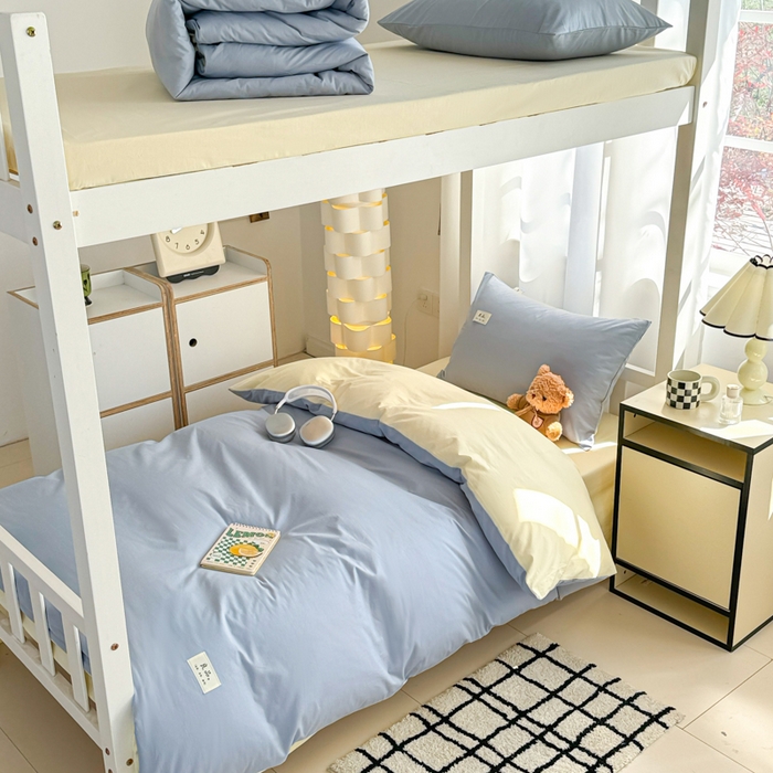 91家纺网 家纺一手货源 找家纺 眠博士 2025新款全棉纯棉40支双拼纯色四件套-学生款 全棉拼色-浅蓝+浅黄