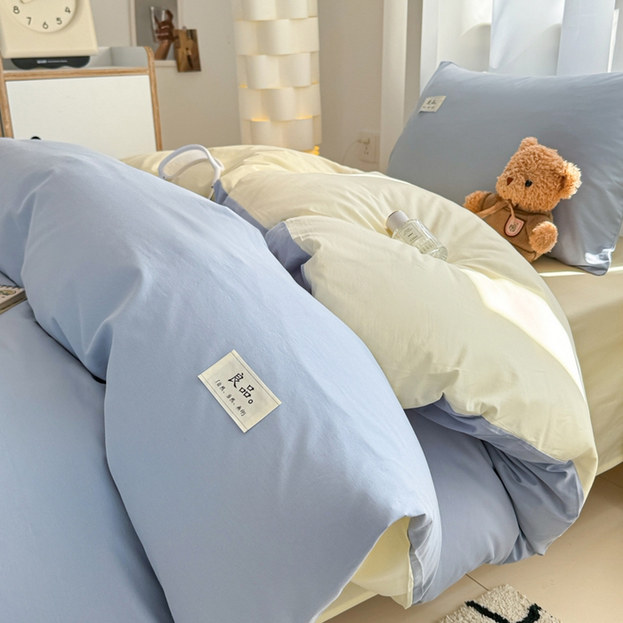 91家纺网 家纺一手货源 找家纺 眠博士 2025新款全棉纯棉40支双拼纯色四件套-学生款 全棉拼色-浅蓝+浅黄