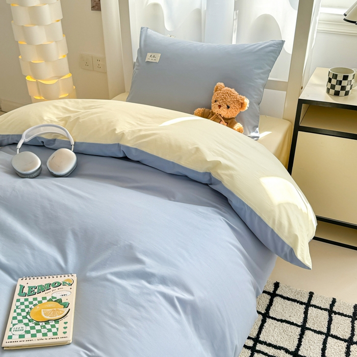91家纺网 家纺一手货源 找家纺 眠博士 2025新款全棉纯棉40支双拼纯色四件套-学生款 全棉拼色-浅蓝+浅黄