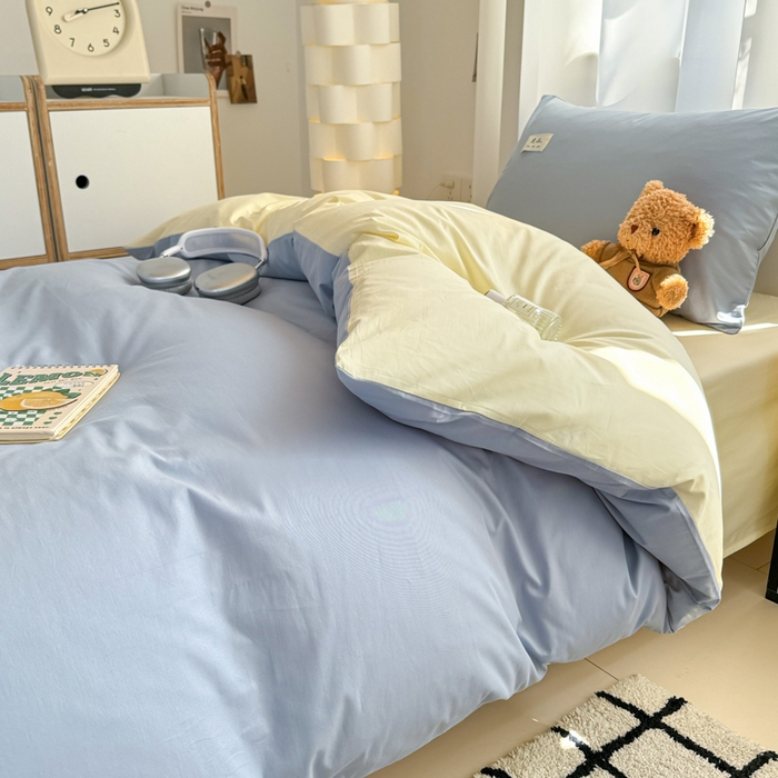 91家纺网 家纺一手货源 找家纺 眠博士 2025新款全棉纯棉40支双拼纯色四件套-学生款 全棉拼色-浅蓝+浅黄
