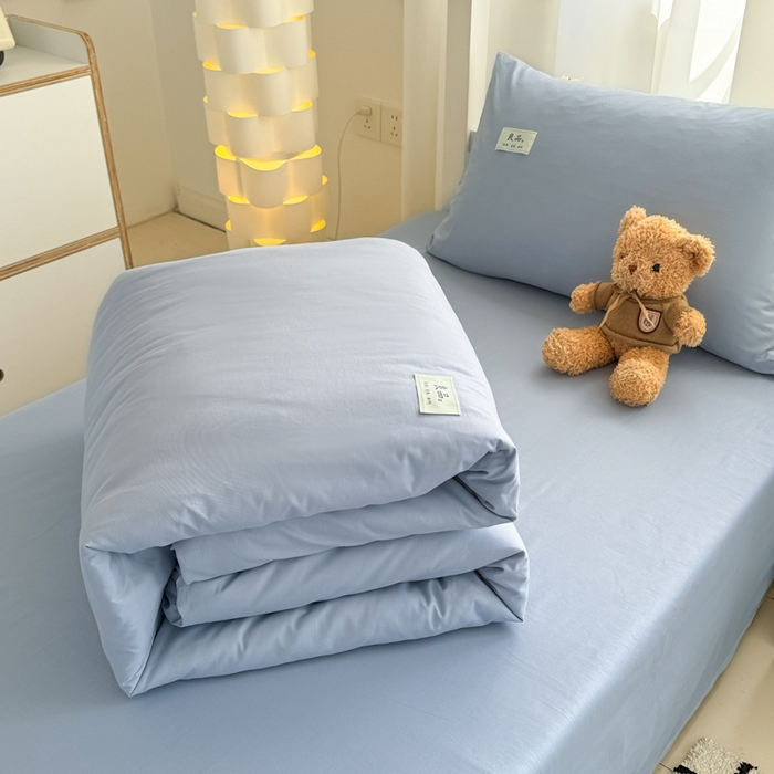 91家纺网 家纺一手货源 找家纺 眠博士 2025新款全棉纯棉40支双拼纯色四件套-学生款 全棉拼色-浅蓝色