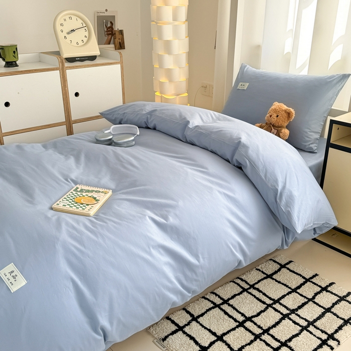 91家纺网 家纺一手货源 找家纺 眠博士 2025新款全棉纯棉40支双拼纯色四件套-学生款 全棉拼色-浅蓝色