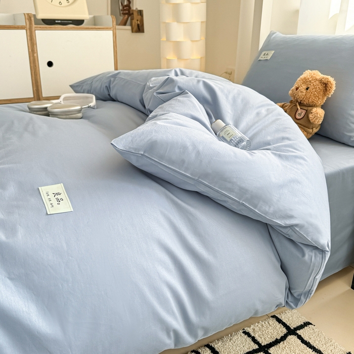 91家纺网 家纺一手货源 找家纺 眠博士 2025新款全棉纯棉40支双拼纯色四件套-学生款 全棉拼色-浅蓝色