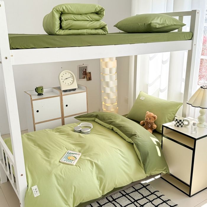 91家纺网 家纺一手货源 找家纺 眠博士 2025新款全棉纯棉40支双拼纯色四件套-学生款 全棉拼色-浅绿+军绿