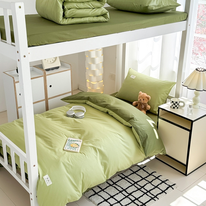 91家纺网 家纺一手货源 找家纺 眠博士 2025新款全棉纯棉40支双拼纯色四件套-学生款 全棉拼色-浅绿+军绿