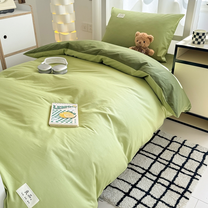 91家纺网 家纺一手货源 找家纺 眠博士 2025新款全棉纯棉40支双拼纯色四件套-学生款 全棉拼色-浅绿+军绿