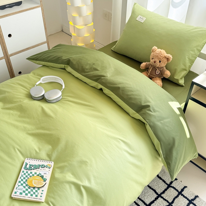 91家纺网 家纺一手货源 找家纺 眠博士 2025新款全棉纯棉40支双拼纯色四件套-学生款 全棉拼色-浅绿+军绿