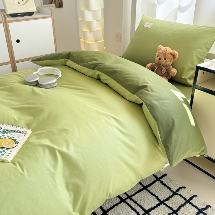 91家纺网 家纺一手货源 找家纺 眠博士 2025新款全棉纯棉40支双拼纯色四件套-学生款 全棉拼色-浅绿+军绿