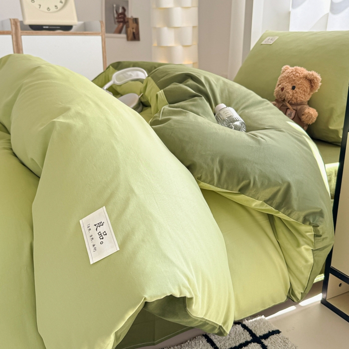 91家纺网 家纺一手货源 找家纺 眠博士 2025新款全棉纯棉40支双拼纯色四件套-学生款 全棉拼色-浅绿+军绿