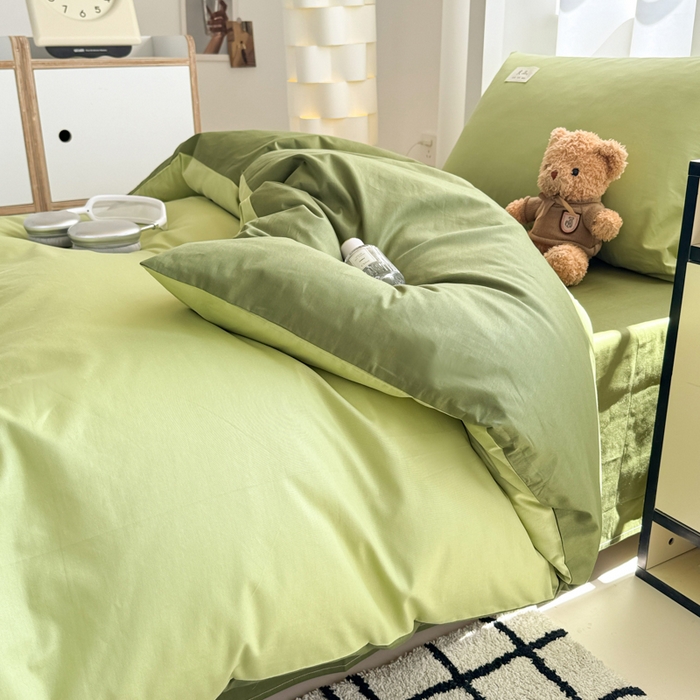 91家纺网 家纺一手货源 找家纺 眠博士 2025新款全棉纯棉40支双拼纯色四件套-学生款 全棉拼色-浅绿+军绿