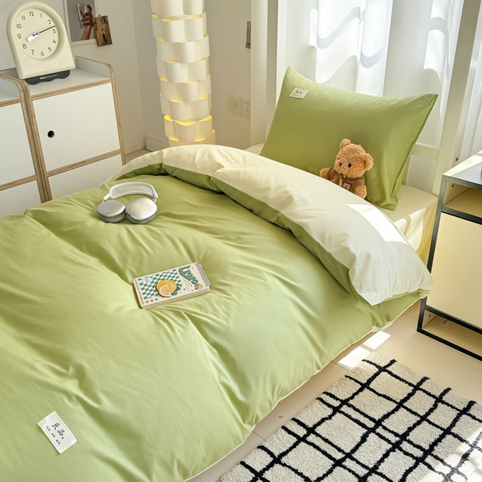 91家纺网 家纺一手货源 找家纺 眠博士 2025新款全棉纯棉40支双拼纯色四件套-学生款 全棉拼色-浅绿+浅黄