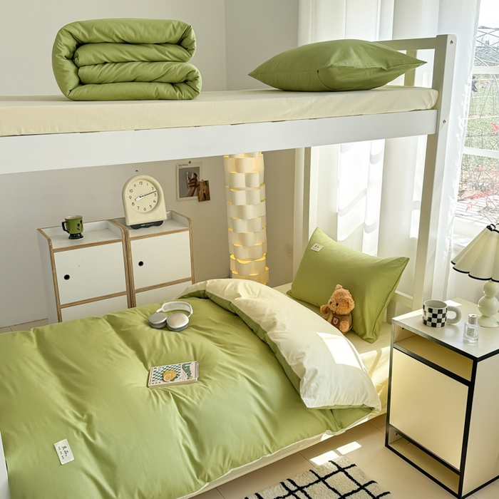 91家纺网 家纺一手货源 找家纺 眠博士 2025新款全棉纯棉40支双拼纯色四件套-学生款 全棉拼色-浅绿+浅黄