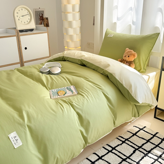 91家纺网 家纺一手货源 找家纺 眠博士 2025新款全棉纯棉40支双拼纯色四件套-学生款 全棉拼色-浅绿+浅黄