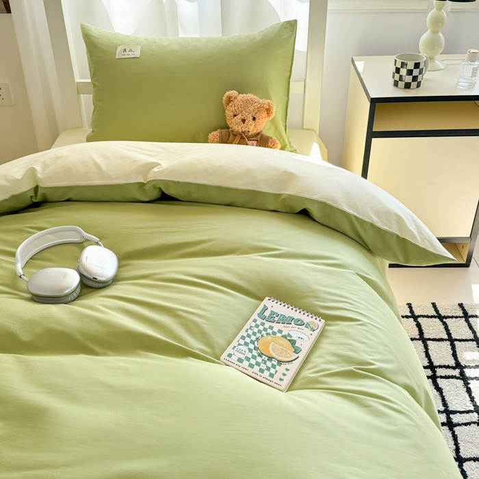 91家纺网 家纺一手货源 找家纺 眠博士 2025新款全棉纯棉40支双拼纯色四件套-学生款 全棉拼色-浅绿+浅黄