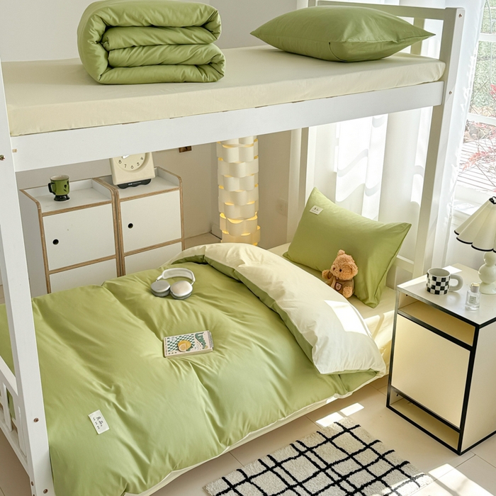 91家纺网 家纺一手货源 找家纺 眠博士 2025新款全棉纯棉40支双拼纯色四件套-学生款 全棉拼色-浅绿+浅黄