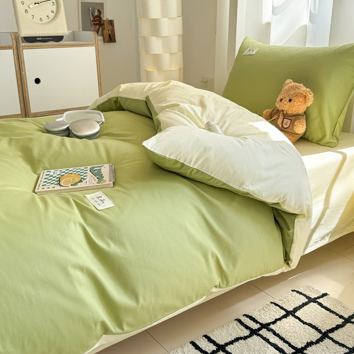 91家纺网 家纺一手货源 找家纺 眠博士 2025新款全棉纯棉40支双拼纯色四件套-学生款 全棉拼色-浅绿+浅黄