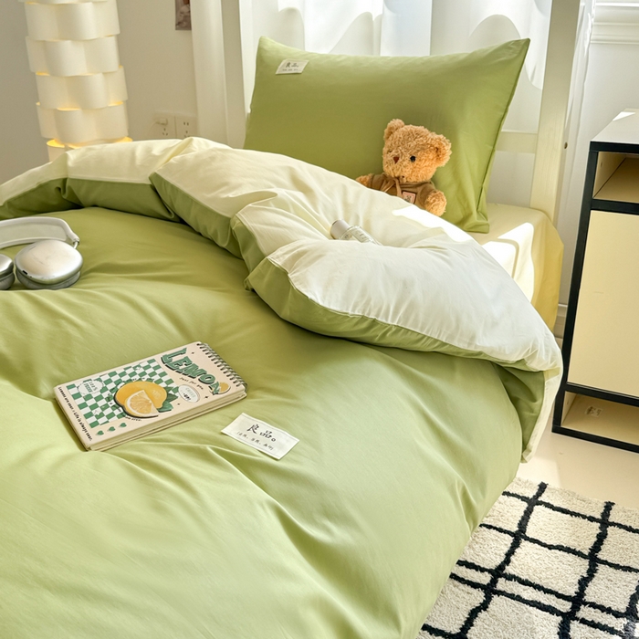 91家纺网 家纺一手货源 找家纺 眠博士 2025新款全棉纯棉40支双拼纯色四件套-学生款 全棉拼色-浅绿+浅黄