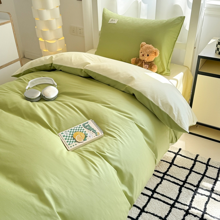91家纺网 家纺一手货源 找家纺 眠博士 2025新款全棉纯棉40支双拼纯色四件套-学生款 全棉拼色-浅绿+浅黄
