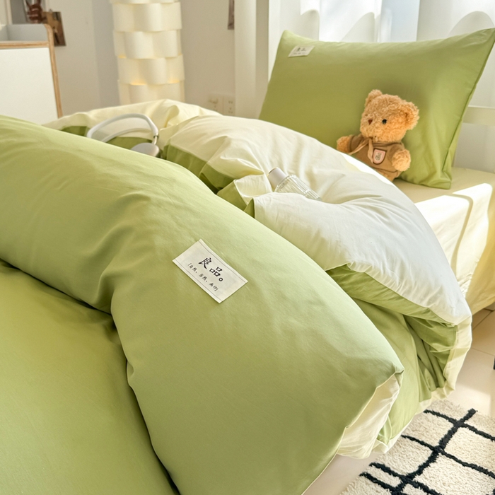 91家纺网 家纺一手货源 找家纺 眠博士 2025新款全棉纯棉40支双拼纯色四件套-学生款 全棉拼色-浅绿+浅黄
