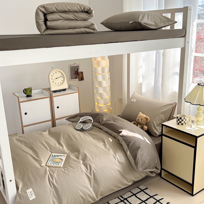 91家纺网 家纺一手货源 找家纺 眠博士 2025新款全棉纯棉40支双拼纯色四件套-学生款 全棉拼色-杏色+春泥