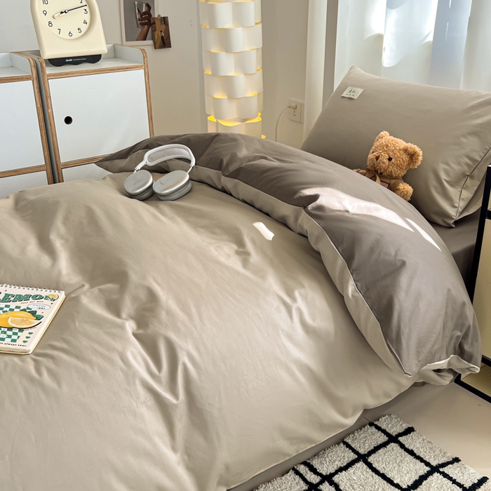 91家纺网 家纺一手货源 找家纺 眠博士 2025新款全棉纯棉40支双拼纯色四件套-学生款 全棉拼色-杏色+春泥