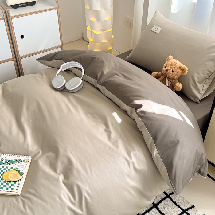 91家纺网 家纺一手货源 找家纺 眠博士 2025新款全棉纯棉40支双拼纯色四件套-学生款 全棉拼色-杏色+春泥